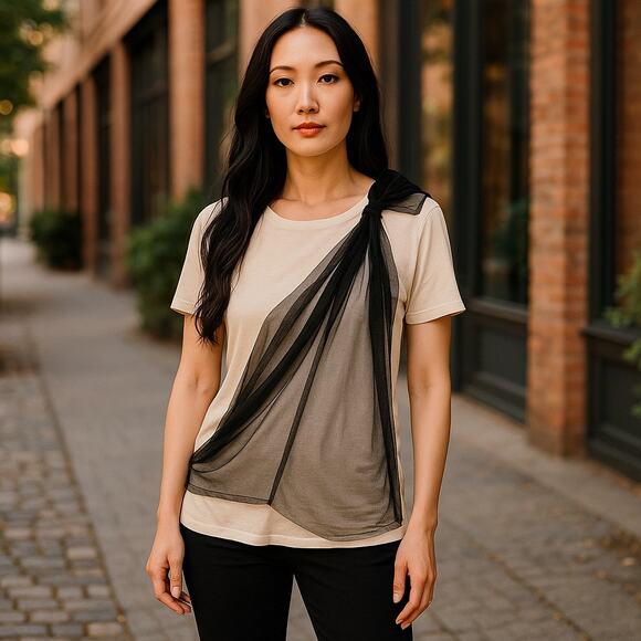 Ann Taylor Womens Top Size‎ Small Beige Black Mesh Bow Lyocell NEW - Picture 1 of 6